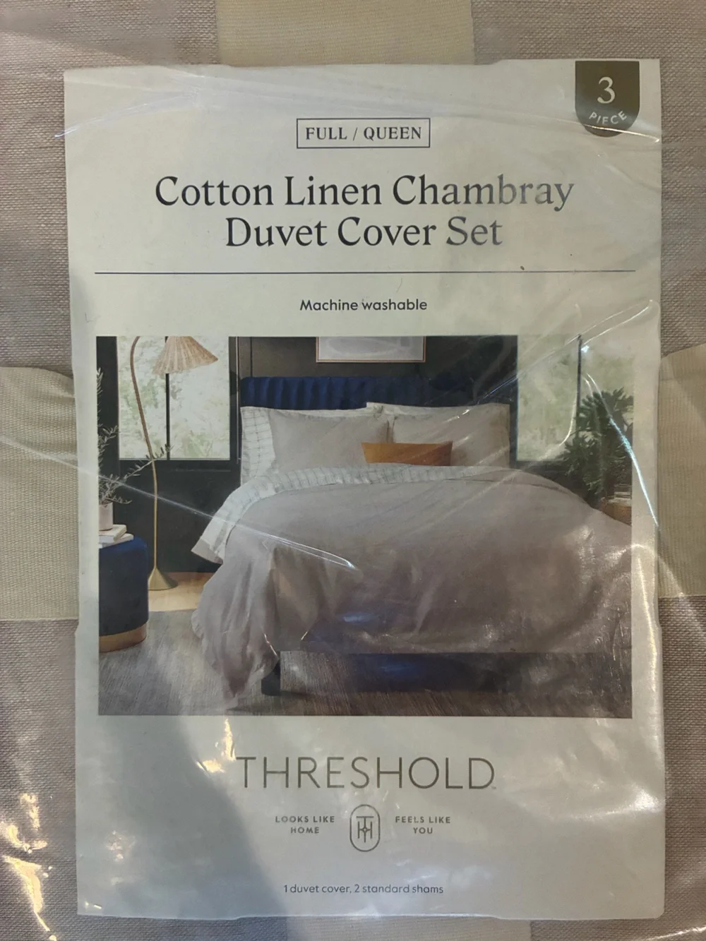 Full/Queen Cotton Linen Chambray Duvet Cover & Sham Set {Khaki}- Threshold